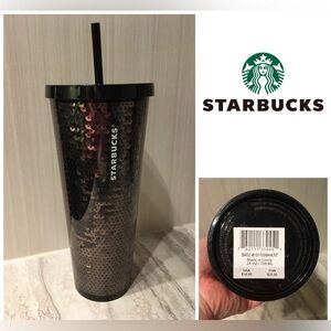 🆕STARBUCKS - NWT - BLACK / SILVER SEQUIN SPARKLE HOLIDAY 24OZ COLD CUP TUMBLER